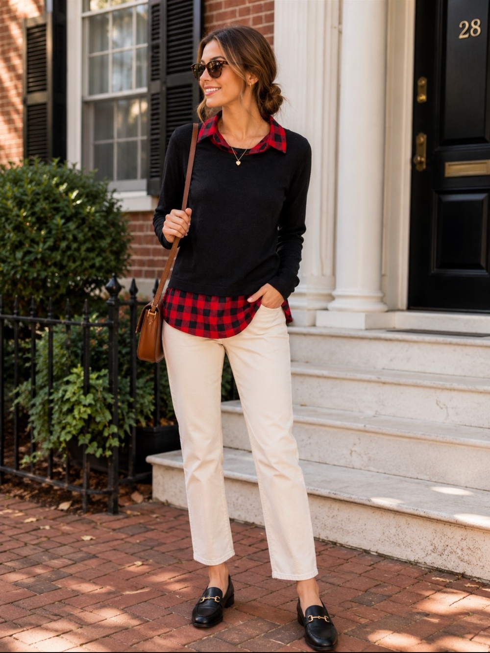 Adrianna Papell Black Red Buffalo Plaid Layered Sweater Small